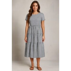 Mod Boutique Dress Womens L Navy Gingham Plaid Coastal Tiered Cottagecore Preppy